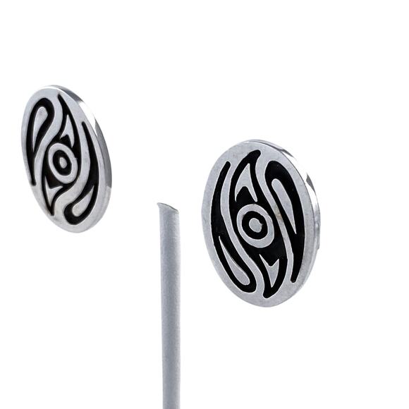 Vintage Mexico Sterling Silver 925 Swirl Oxidized Oval Clip On Earrings - Picture 6 of 11